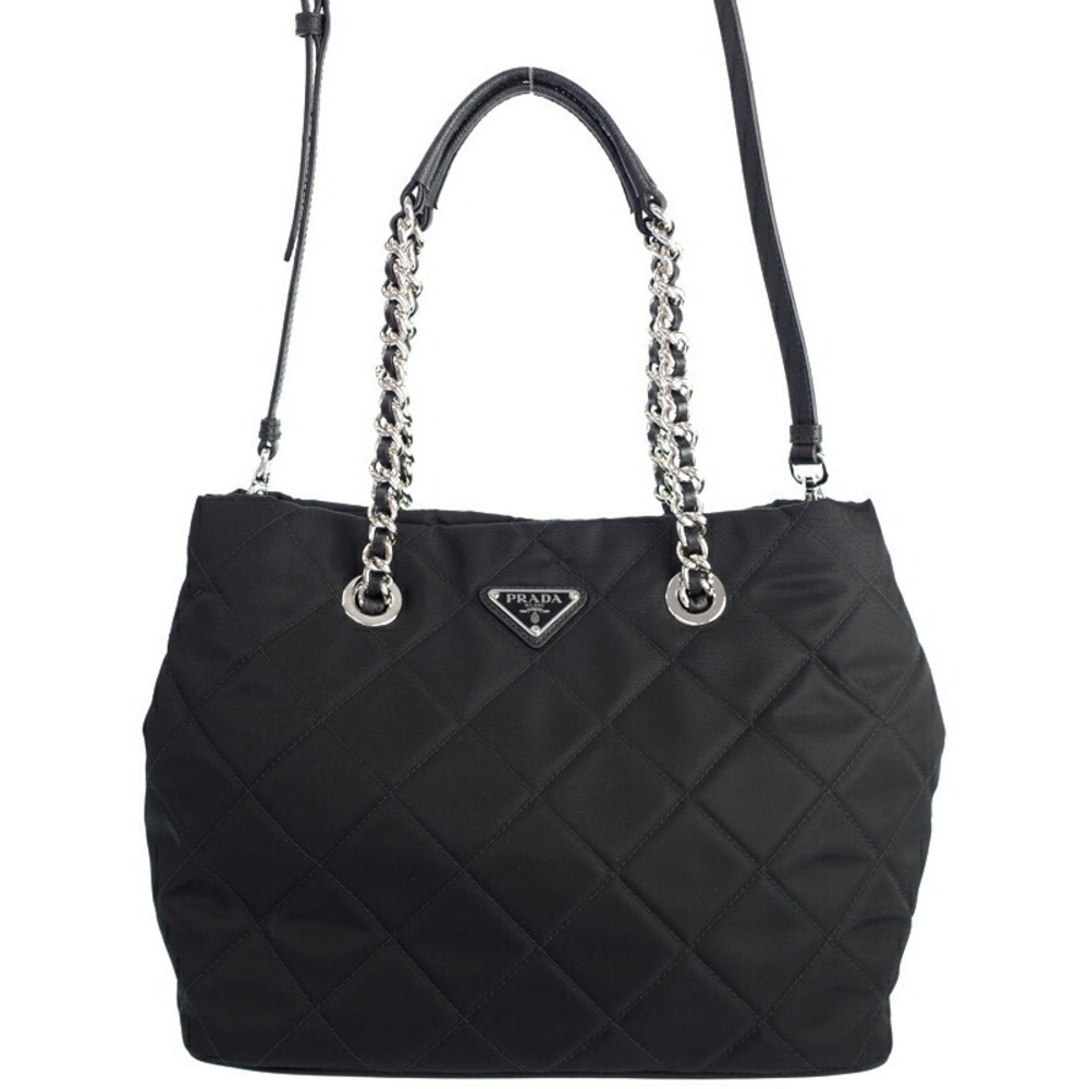Prada Tessuto Impuntu Tote Shoulder Bag quilted bag chain handles Black